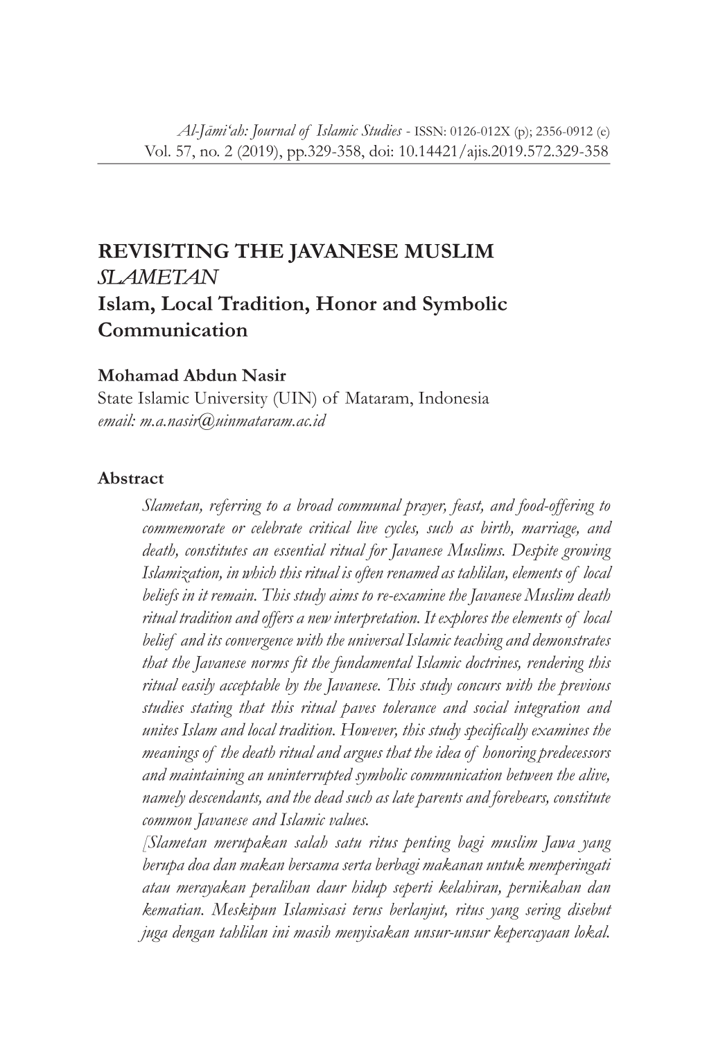 REVISITING the JAVANESE MUSLIM SLAMETAN Islam, Local Tradition, Honor and Symbolic Communication
