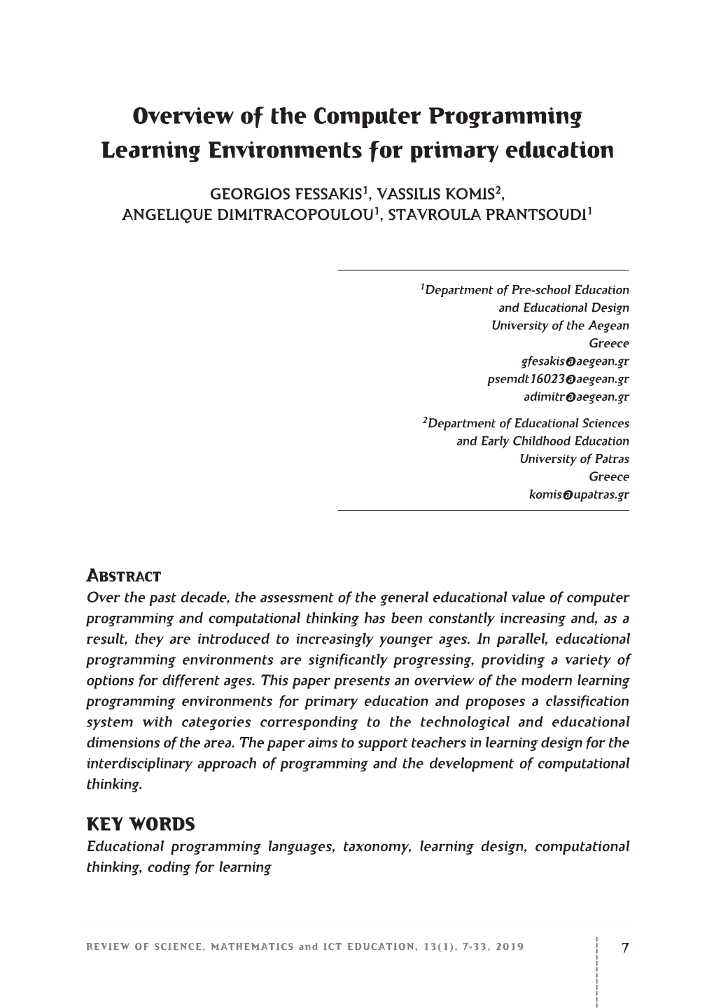 Overview of the Computer Programming Learning Environments for Primary Education