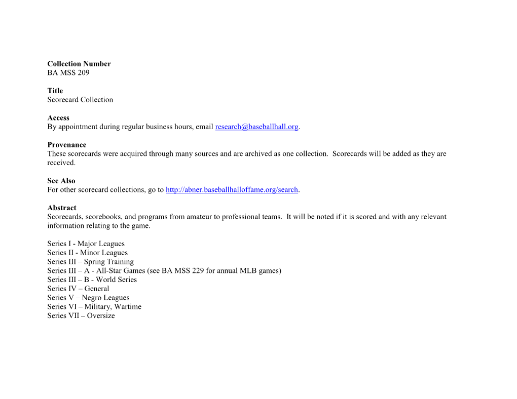 Collection Number BA MSS 209 Title Scorecard Collection Access By