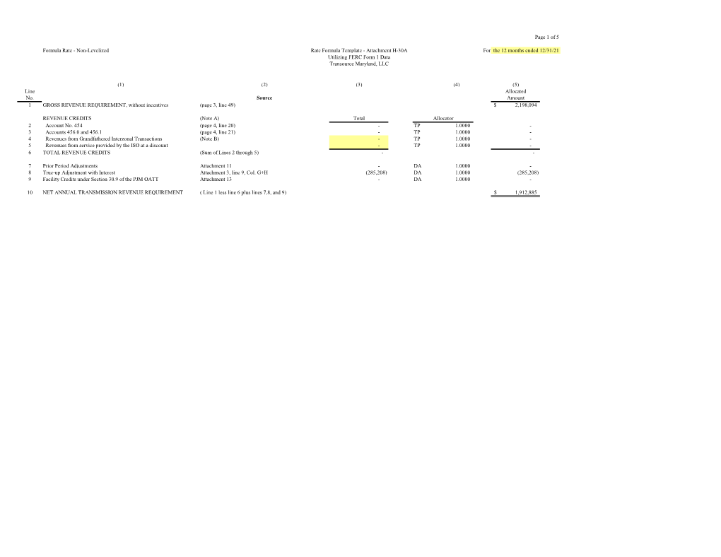 Non-Levelized Rate Formula Template - Attachment H-30A for the 12 Months Ended 12/31/21 Utilizing FERC Form 1 Data Transource Maryland, LLC