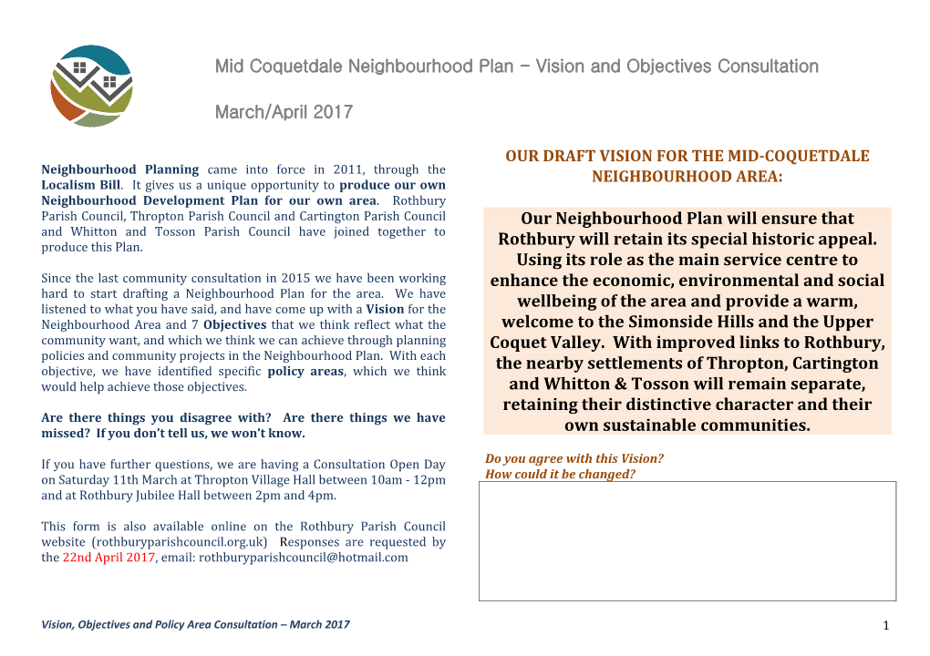 Mid Coquetdale Neighbourhood Plan - Vision and Objectives Consultation