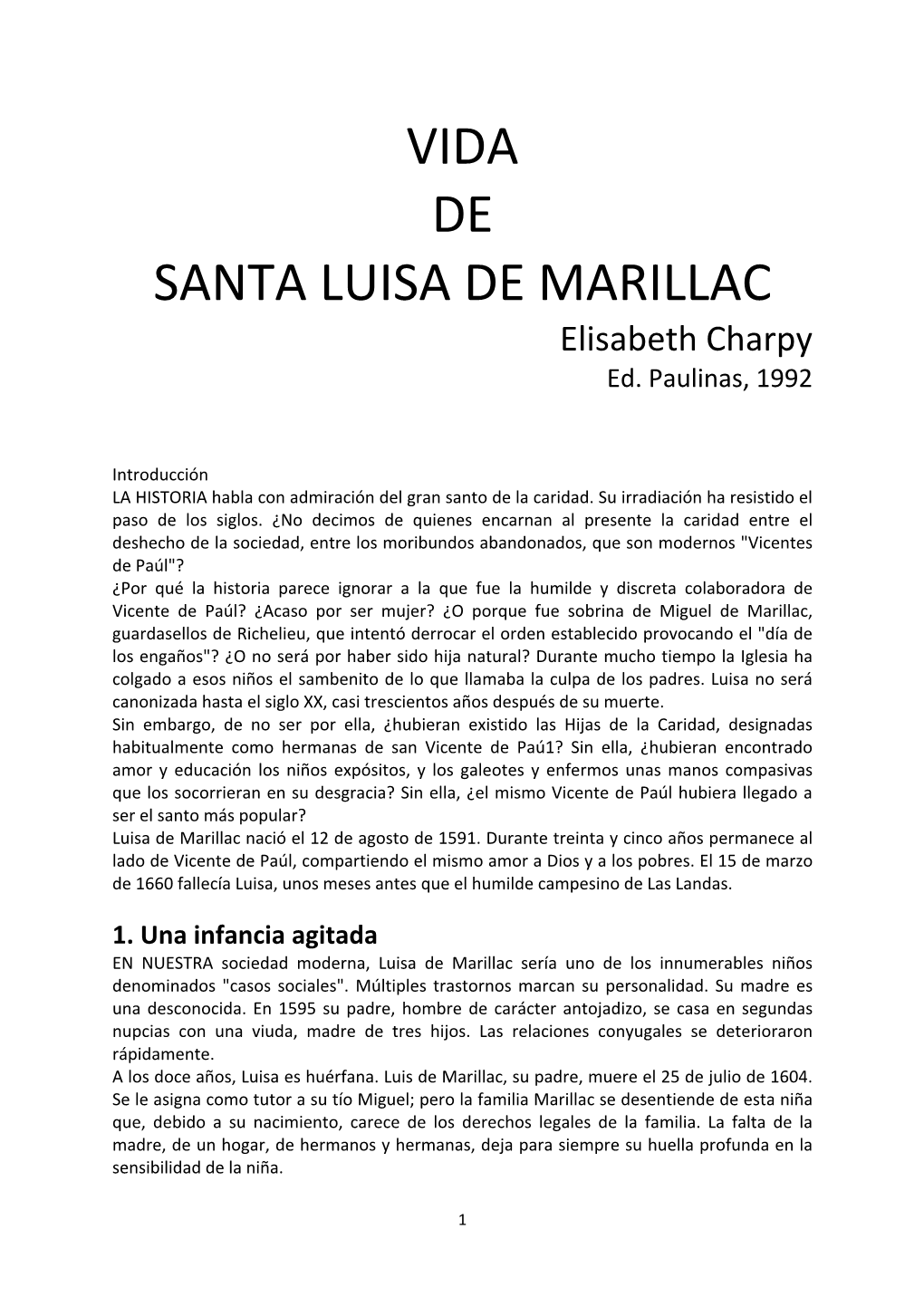 VIDA DE SANTA LUISA DE MARILLAC Elisabeth Charpy Ed