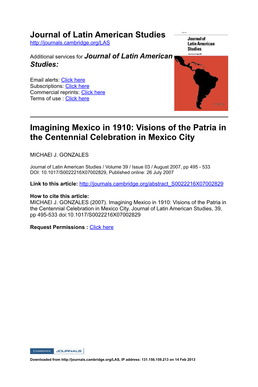 Journal of Latin American Studies Imagining Mexico in 1910: Visions