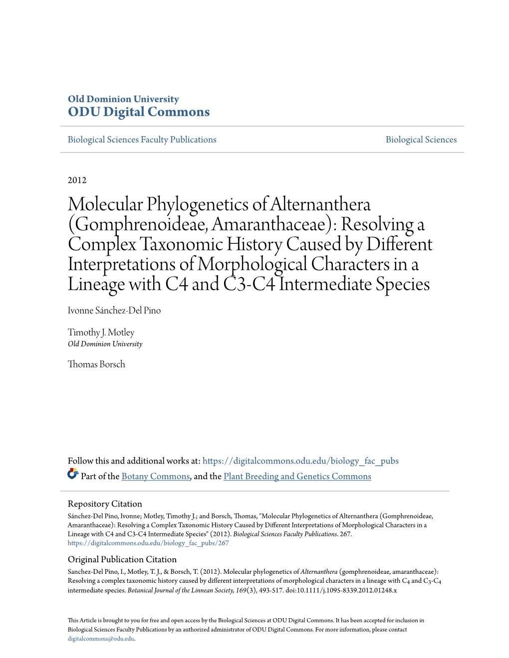 Molecular Phylogenetics of Alternanthera (Gomphrenoideae, Amaranthaceae)