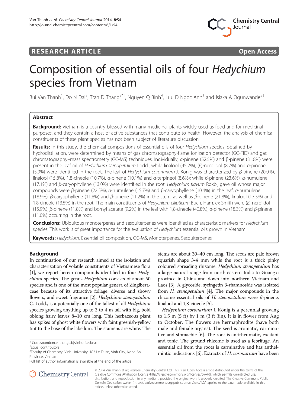 Composition of Essential Oils of Four Hedychium Species