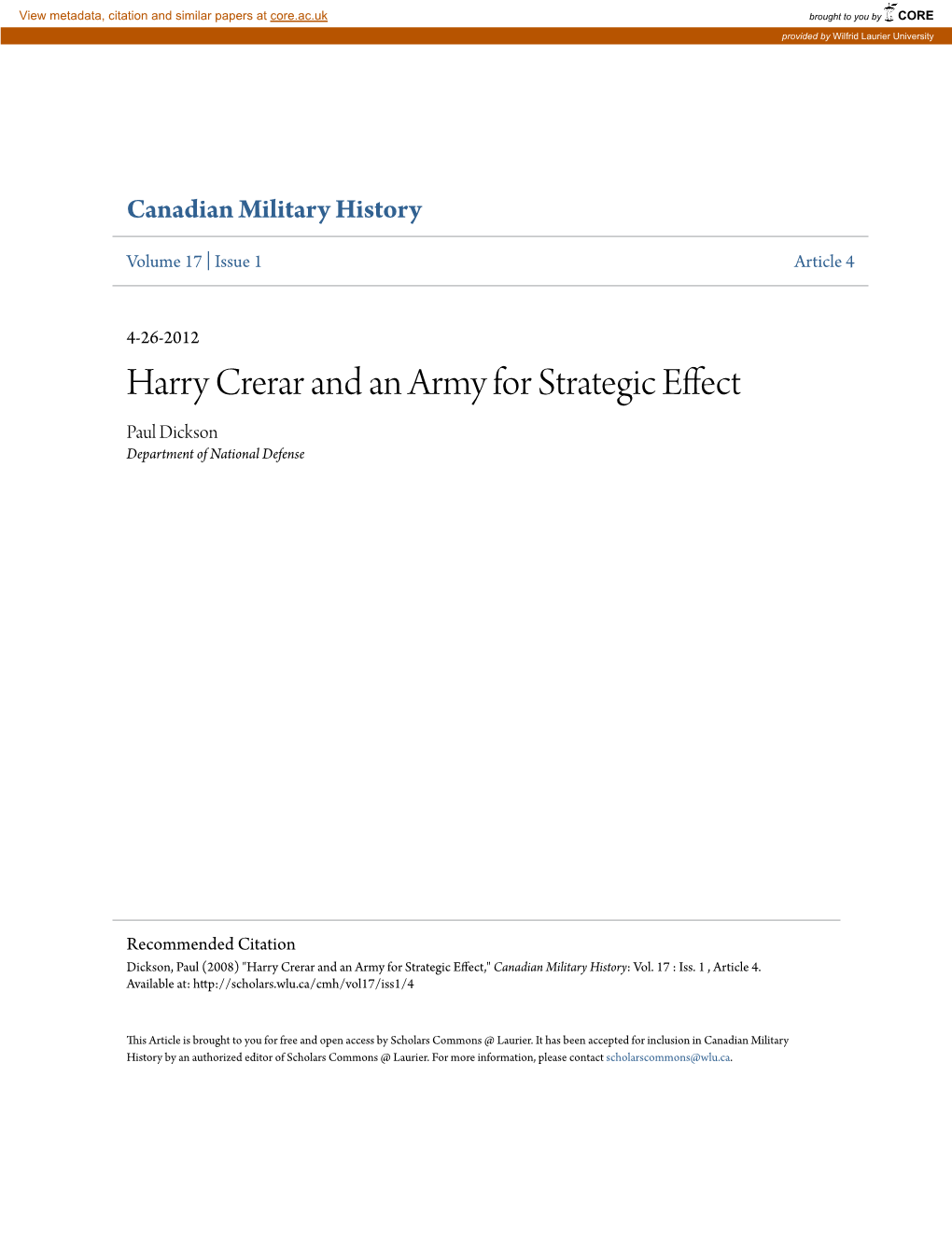 Harry Crerar and an Army for Strategic Effect Paul Dickson Department of National Defense