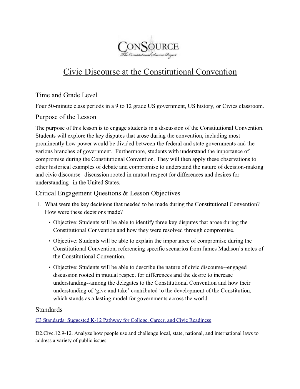 Civic Discourse at the Constitutional Convention (Grades 9-12)
