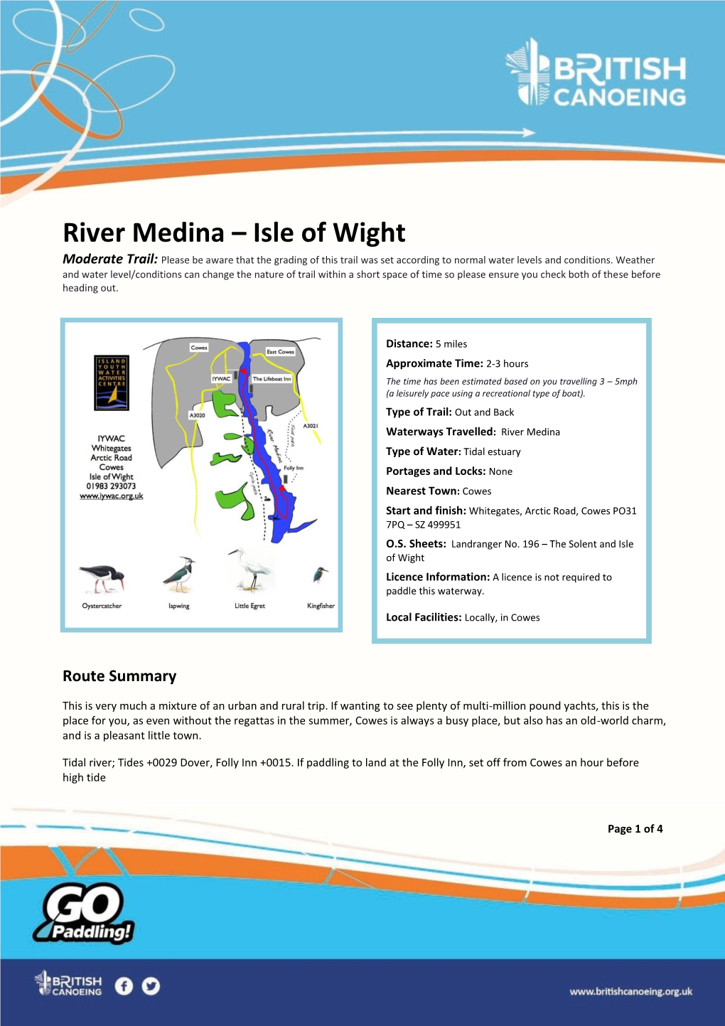 River Medina – Isle of Wight Moderate Trail: Please Be Aware That the Grading of This Trail Was Set According to Normal Water Levels and Conditions