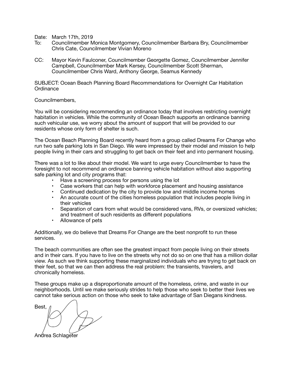 OBPB Sleeping in Car Ordinance Letter