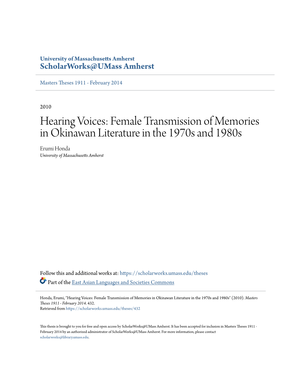 Female Transmission of Memories in Okinawan Literature in the 1970S and 1980S Erumi Honda University of Massachusetts Amherst