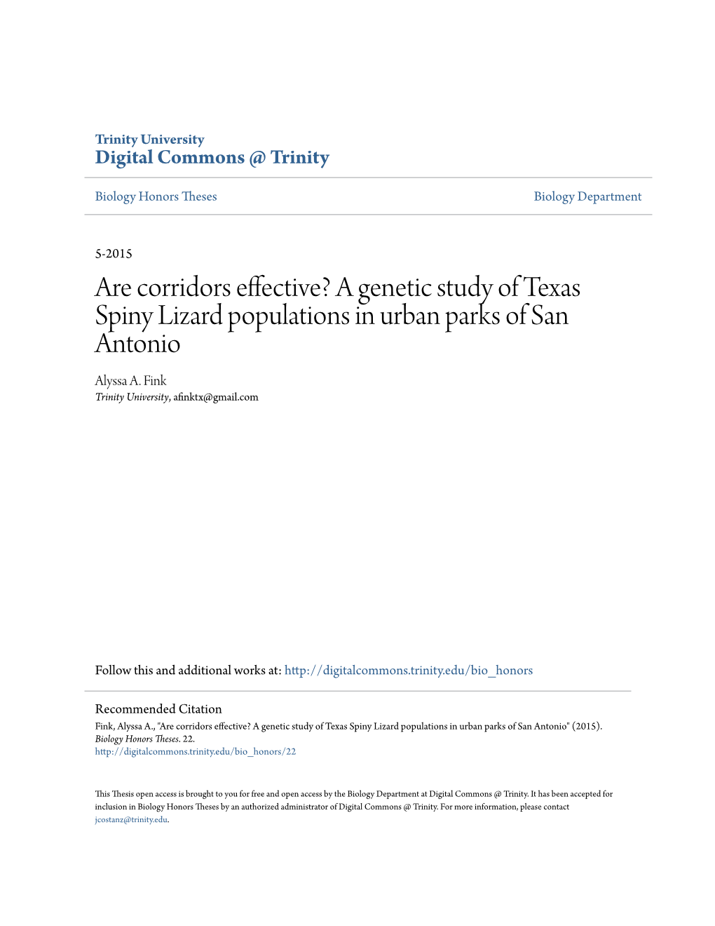 A Genetic Study of Texas Spiny Lizard Populations in Urban Parks of San Antonio Alyssa A
