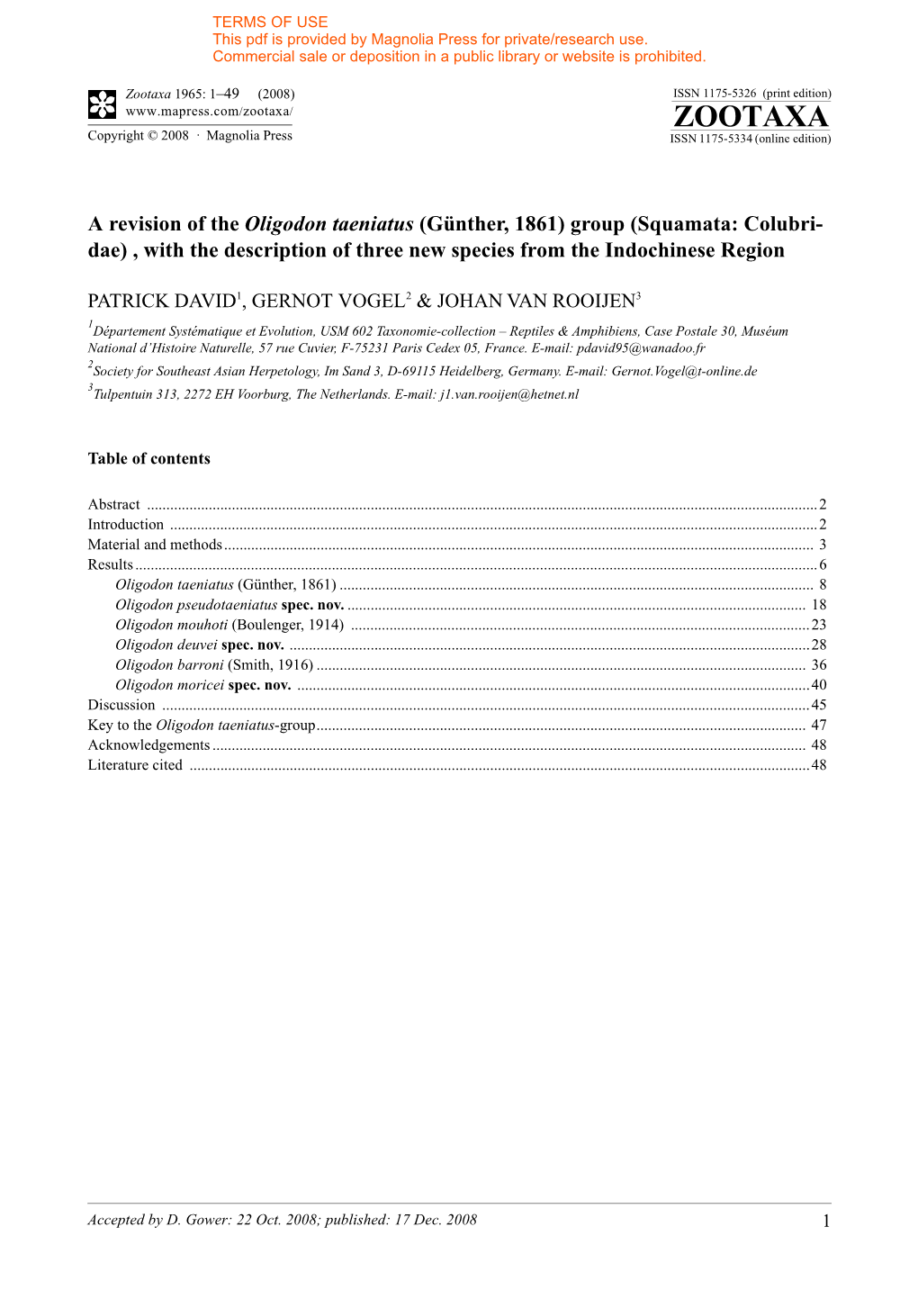 Zootaxa, a Revision of the Oligodon Taeniatus (Gunther, 1861) Group