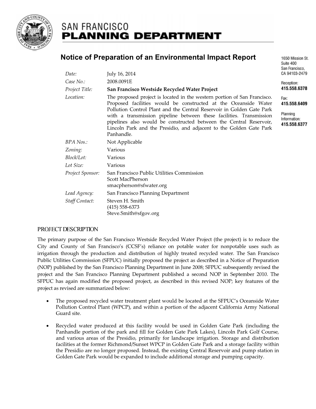 San Francisco Westside Recycled Water Project NOP/Initial Study