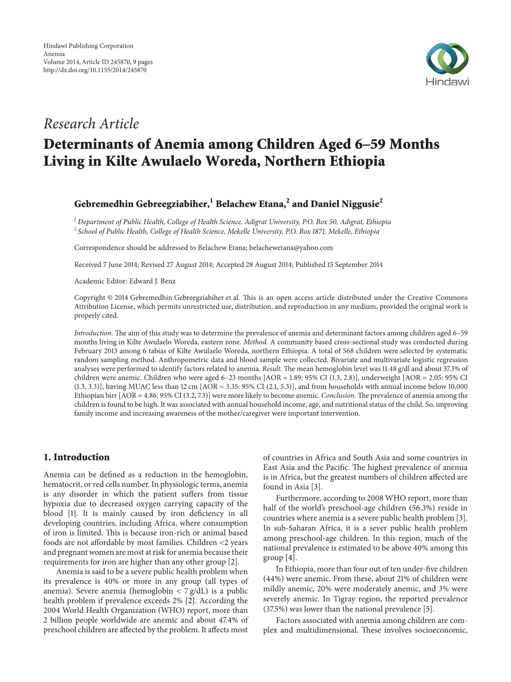 Research Article Determinants of Anemia Among Children Aged 6–59 Months Living in Kilte Awulaelo Woreda, Northern Ethiopia