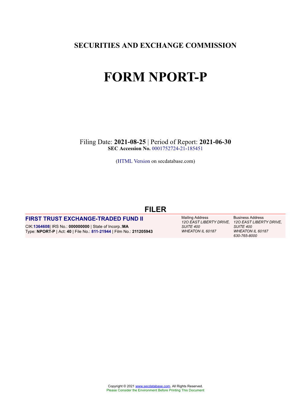 FIRST TRUST EXCHANGE-TRADED FUND II Form NPORT-P Filed 2021
