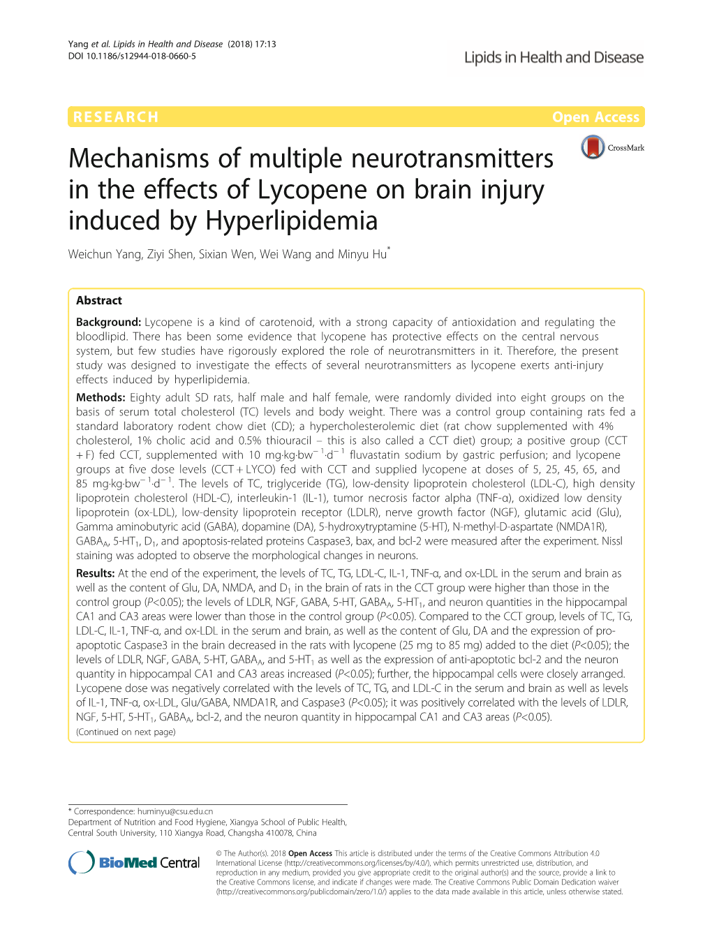 Mechanisms of Multiple Neurotransmitters in the Effects of Lycopene on Brain Injury Induced by Hyperlipidemia