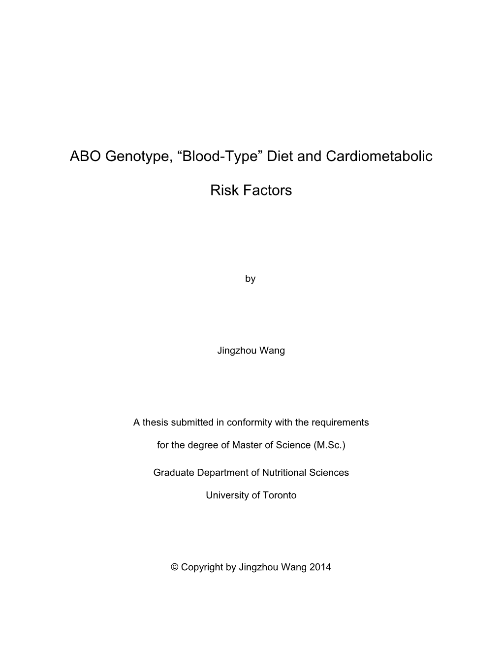 ABO Genotype, “Blood-Type” Diet and Cardiometabolic Risk Factors