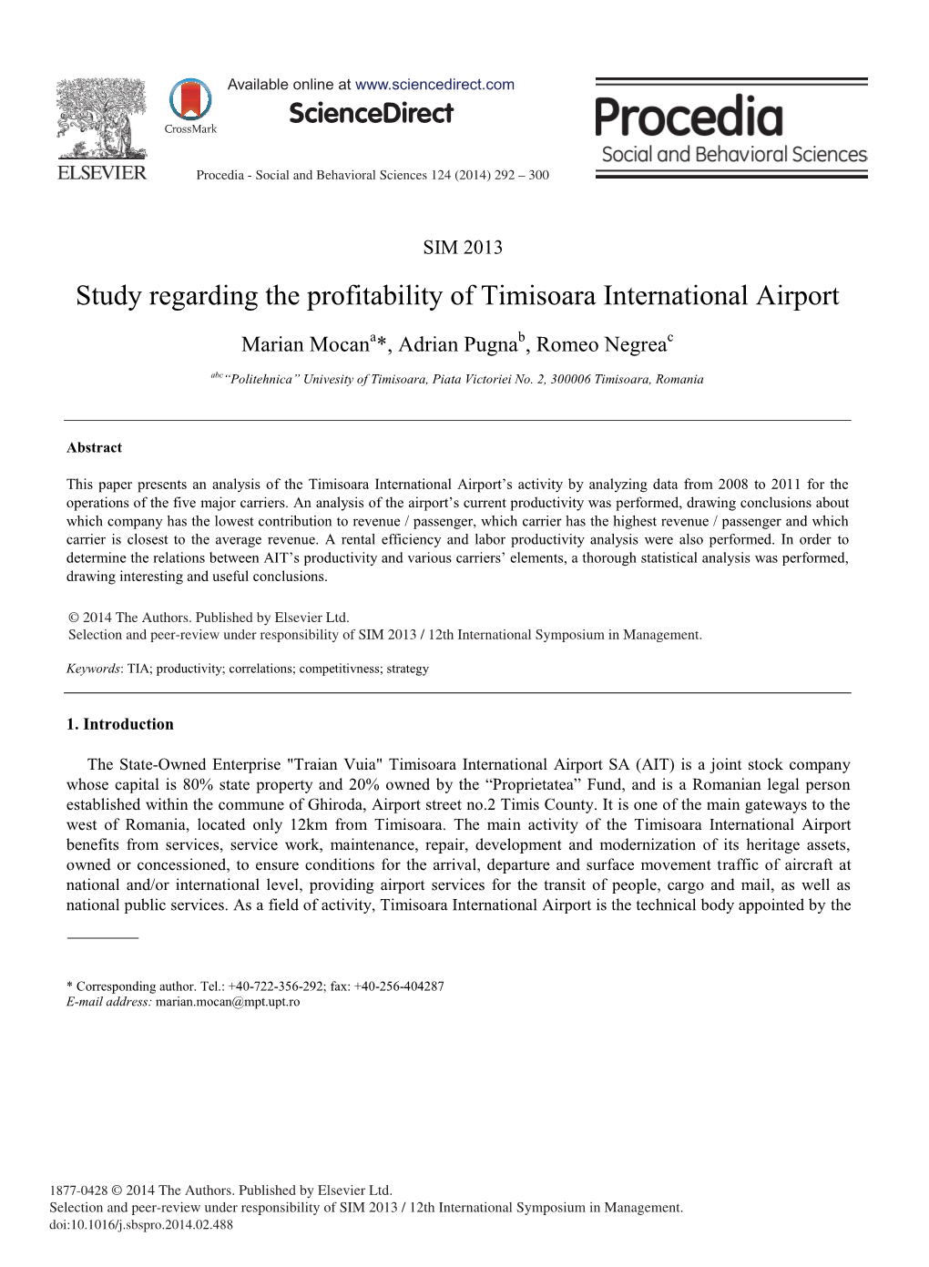 Study Regarding the Profitability of Timisoara International Airport