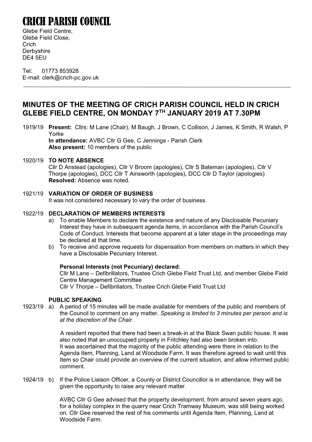Minutes, Council, 7 January 2019