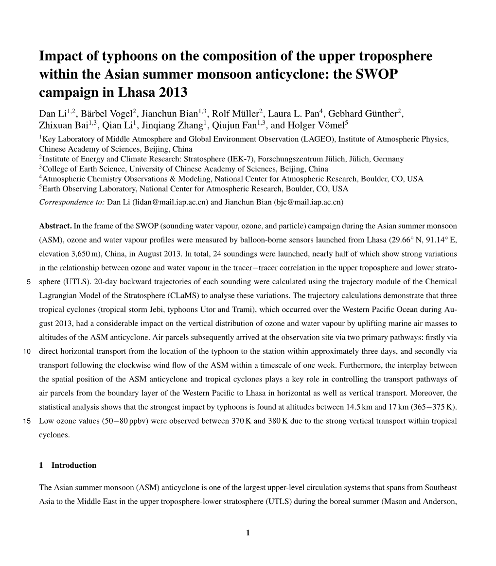 Impact of Typhoons on the Composition of the Upper Troposphere Within the Asian Summer Monsoon Anticyclone: the SWOP Campaign In