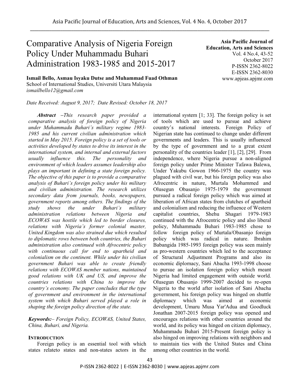 Comparative Analysis of Nigeria Foreign Policy Under Muhammadu