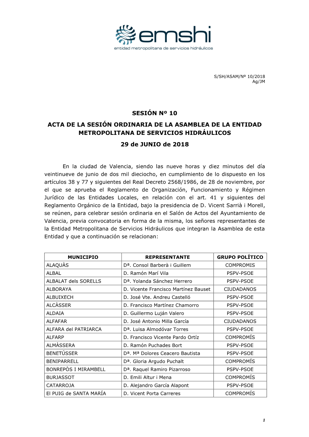 Sesión Nº 10 Acta De La Sesión Ordinaria De La Asamblea De La Entidad Metropolitana De Servicios Hidráulicos