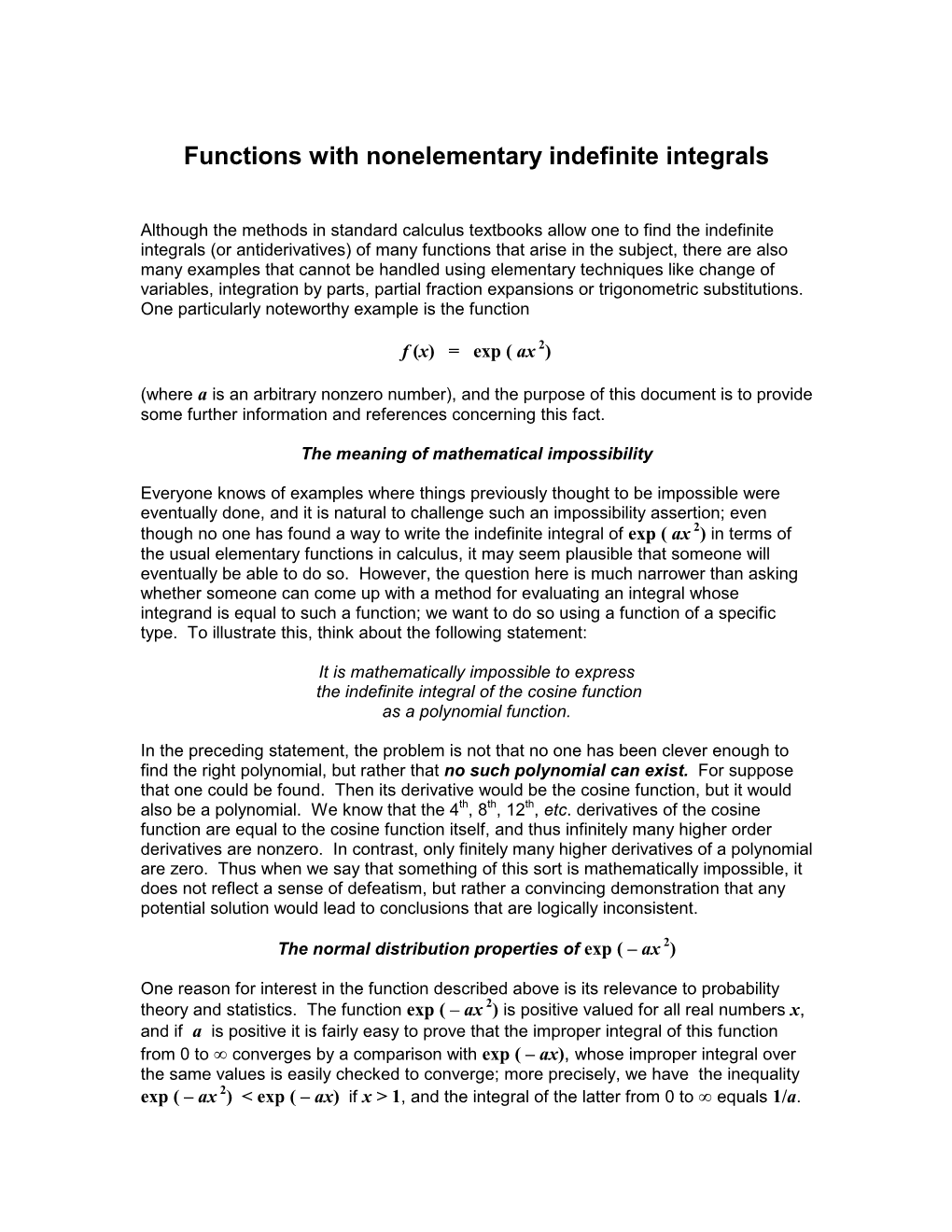 Functions with Nonelementary Indefinite Integrals