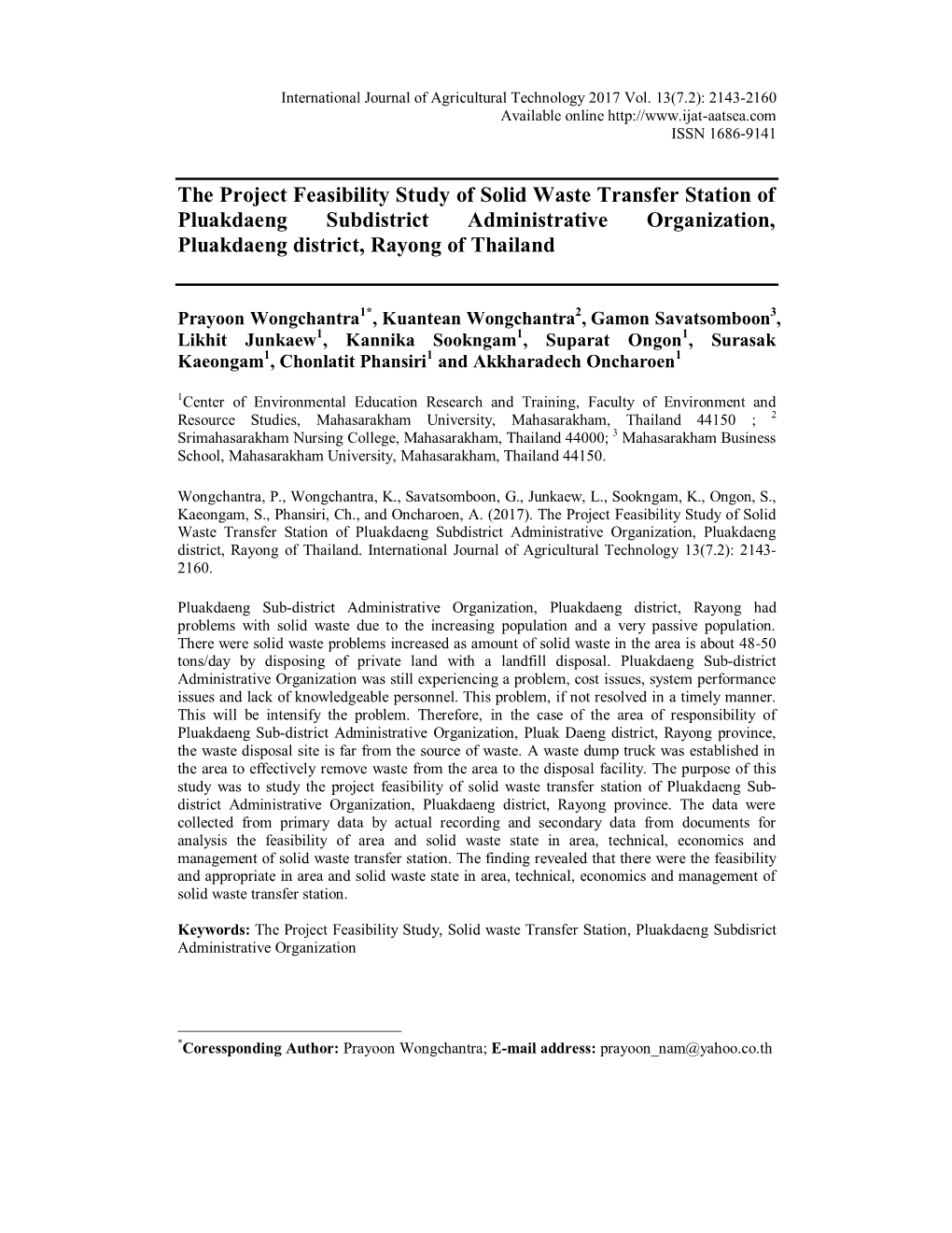 The Project Feasibility Study of Solid Waste Transfer Station of Pluakdaeng Subdistrict Administrative Organization, Pluakdaeng District, Rayong of Thailand