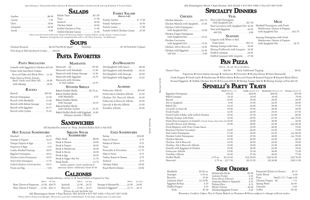 Specialty Dinners Sandwiches Calzones Pan Pizza