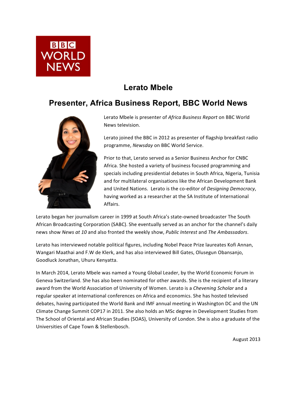 Lerato Mbele Presenter, Africa Business Report, BBC World News