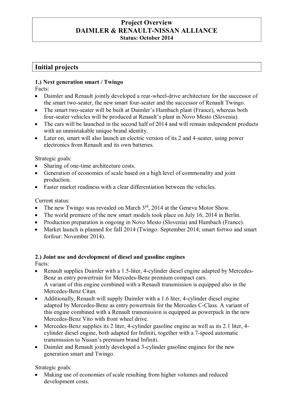 Project Overview DAIMLER & RENAULT-NISSAN ALLIANCE