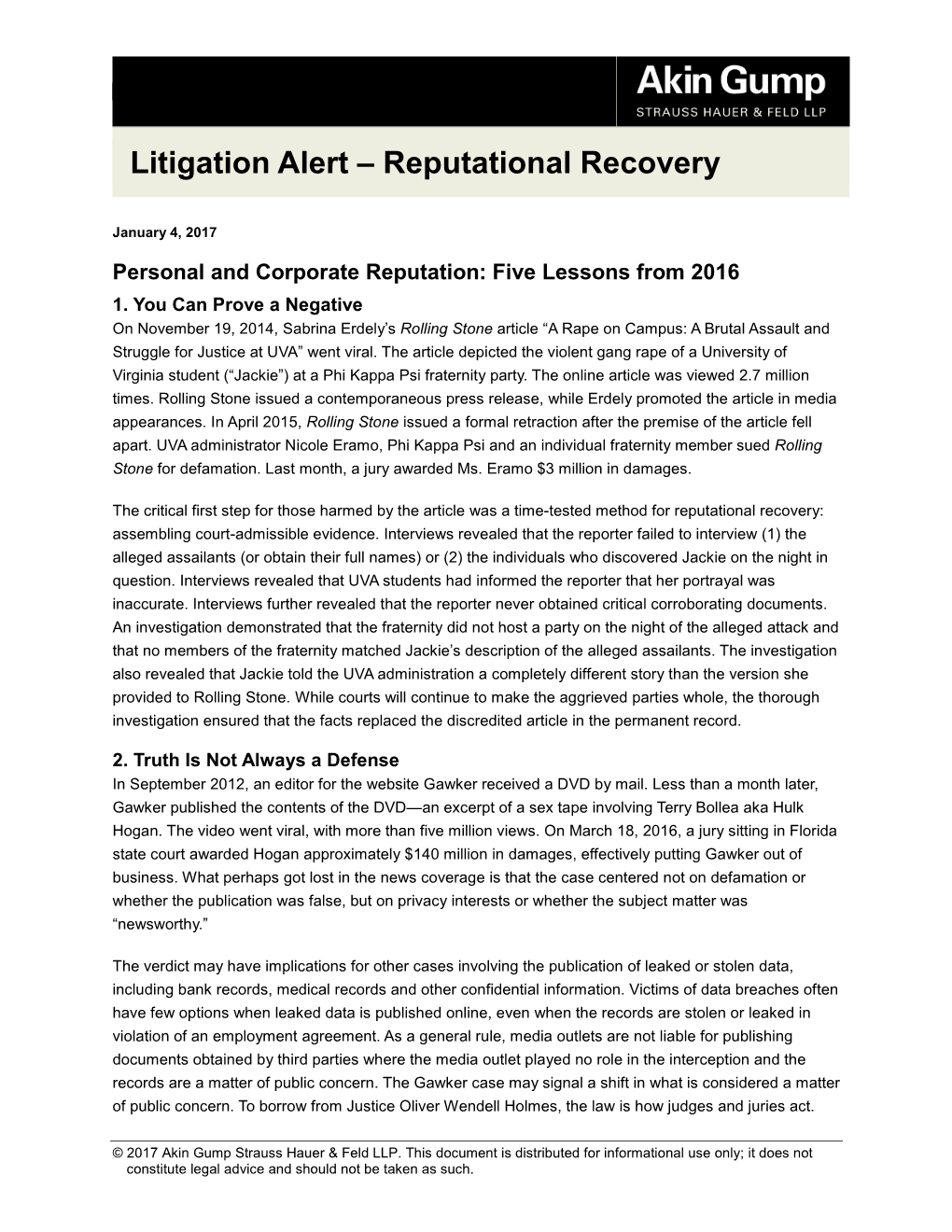 Litigation Alert – Reputational Recovery