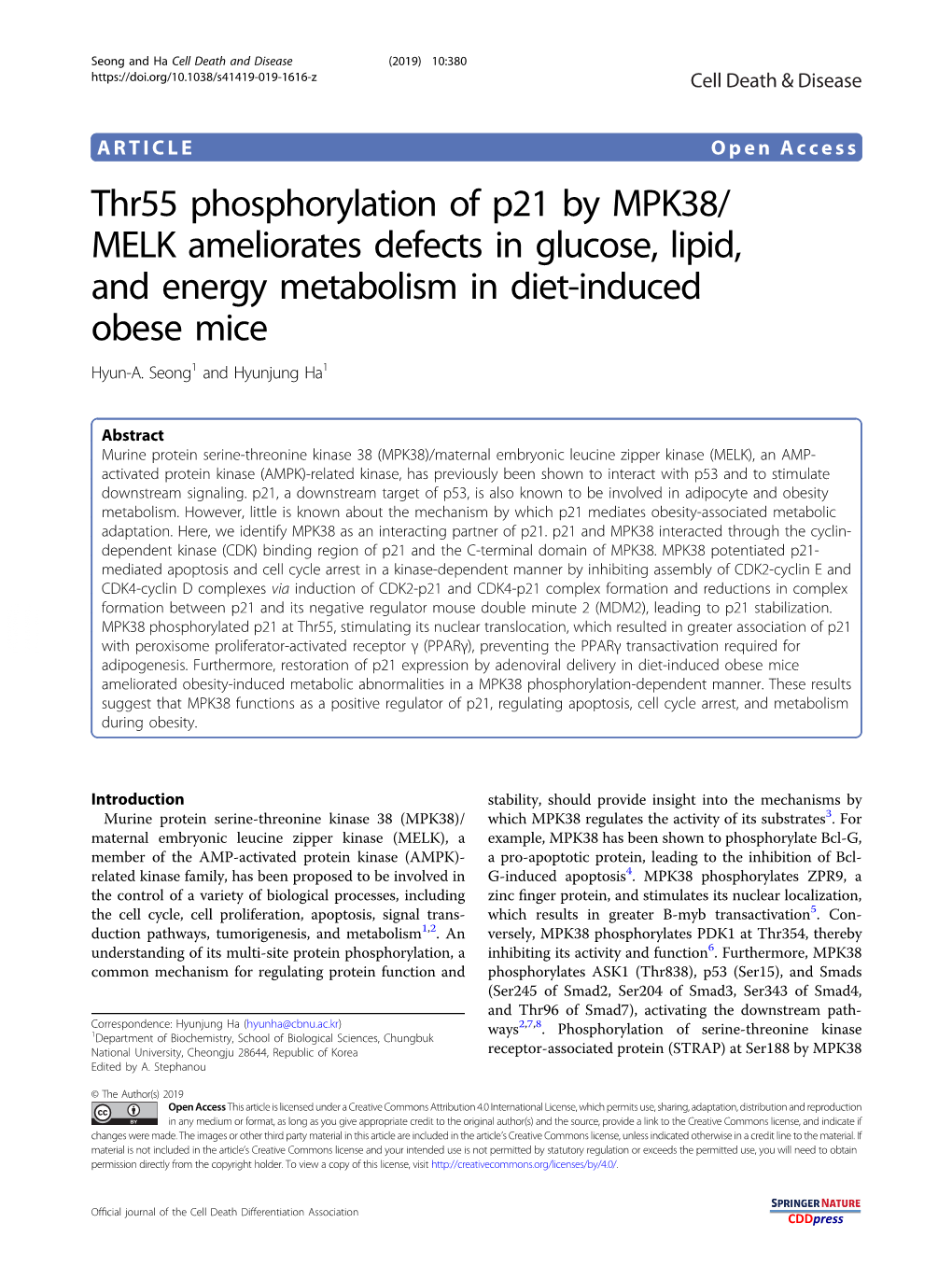 Thr55 Phosphorylation of P21 by MPK38/MELK Ameliorates Defects