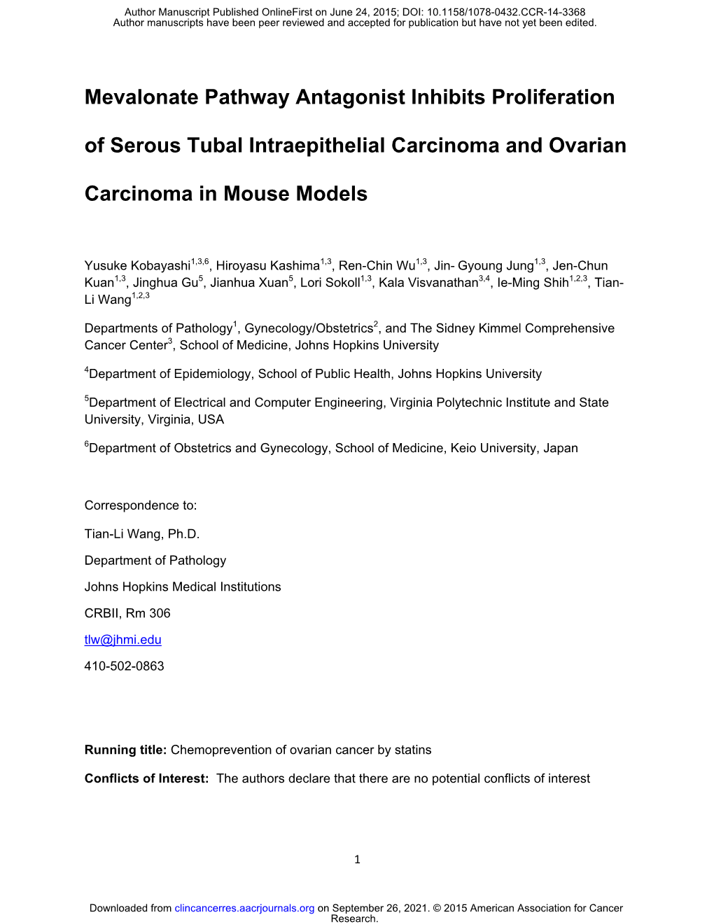 Mevalonate Pathway Antagonist Inhibits Proliferation of Serous Tubal Intraepithelial Carcinoma and Ovarian