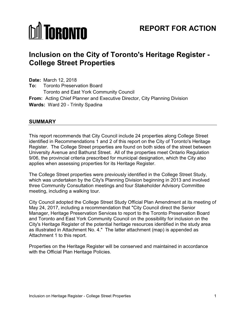 Inclusion on the City of Toronto's Heritage Register - College Street Properties