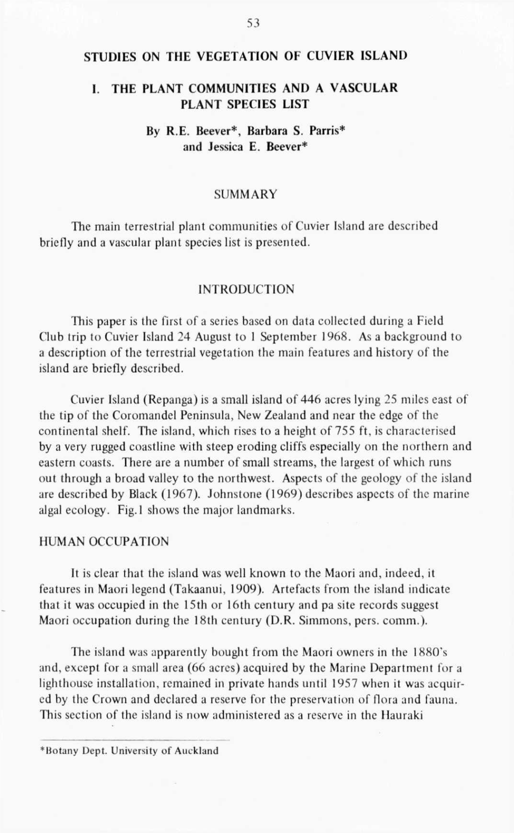 Studies on the Vegetation of Cuvier Island. I. the Plant Communities