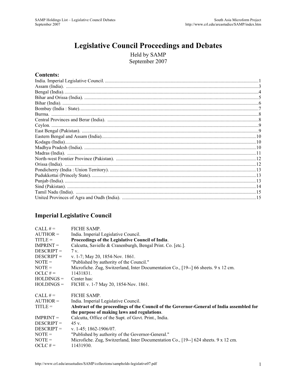 Legislative Council Proceedings and Debates Held by SAMP September 2007