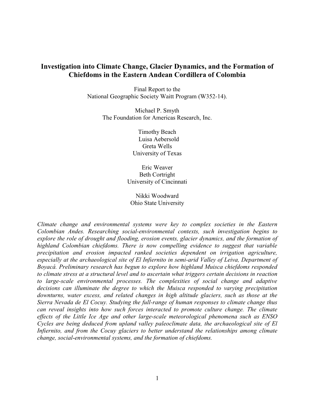 Investigation Into Climate Change, Glacier Dynamics, and the Formation of Chiefdoms in the Eastern Andean Cordillera of Colombia