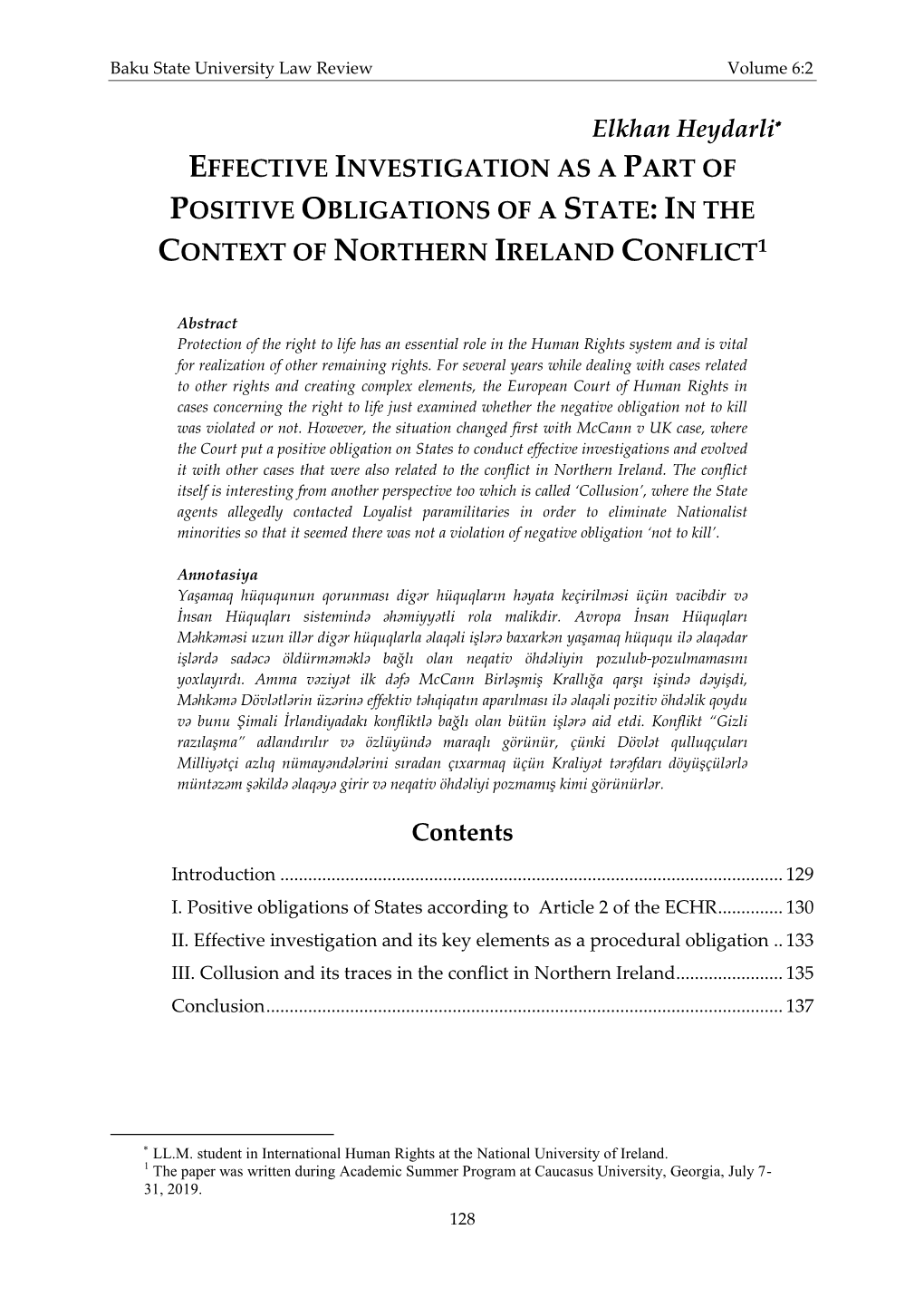 Effective Investigation As a Part of Positive Obligations of a State: in the Context of Northern Ireland Conflict1