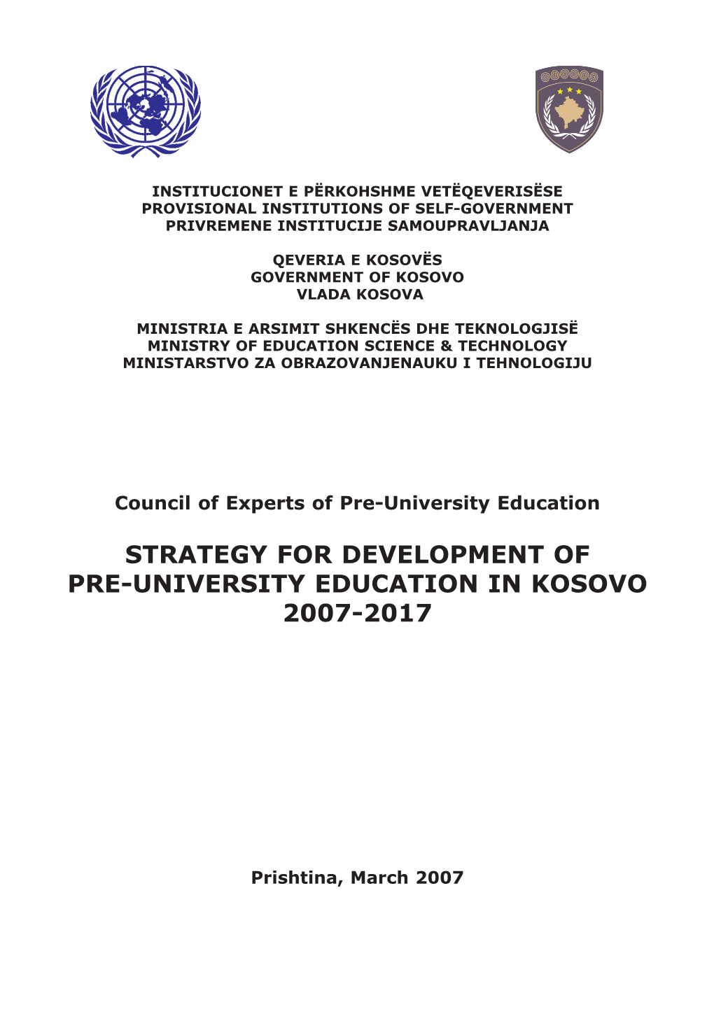 Strategy for Development of Preuniversity Education in Kosovo 2007