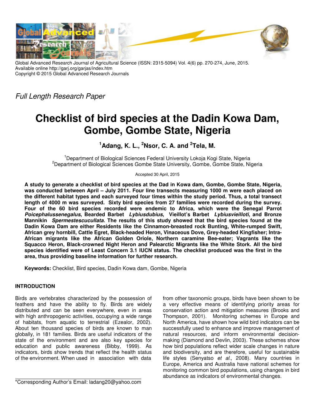 Checklist of Bird Species at the Dadin Kowa Dam, Gombe, Gombe State, Nigeria