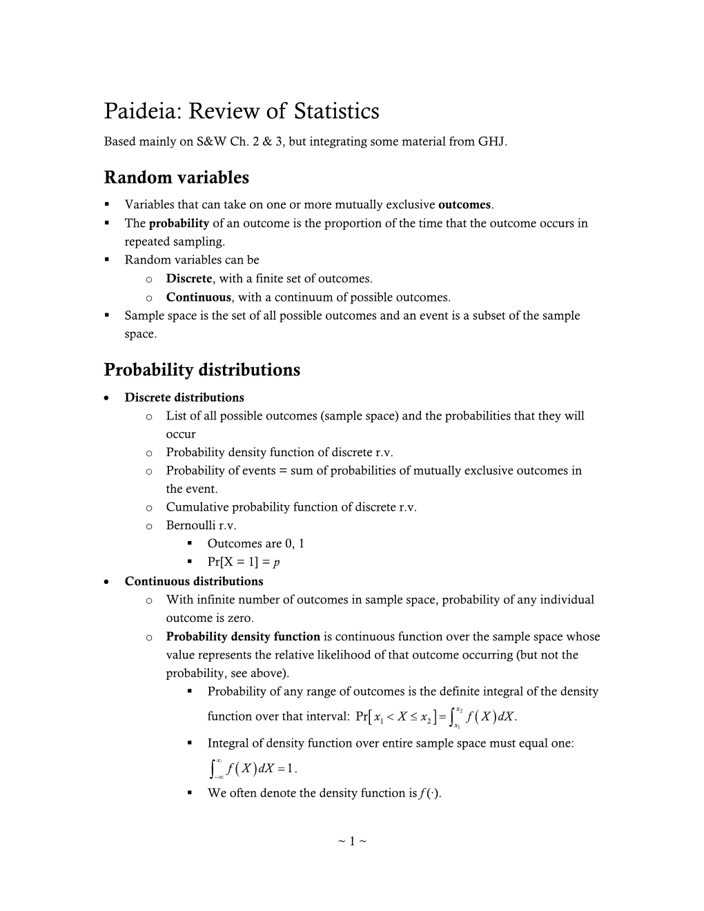 Paideia: Review of Statistics Based Mainly on S&W Ch