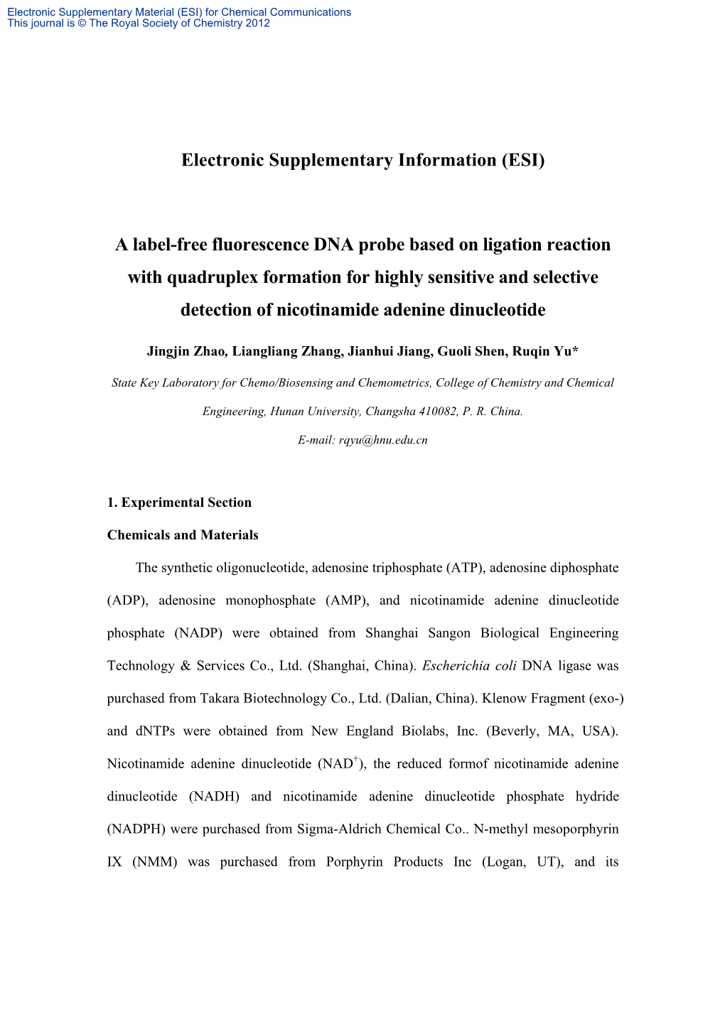 Electronic Supplementary Information (ESI) a Label-Free Fluorescence DNA