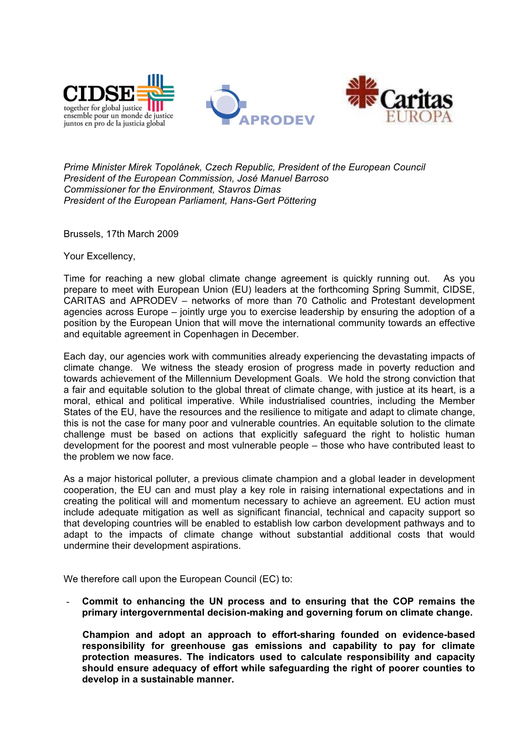 Open Letter to EU Leaders at Spring Summit 2009