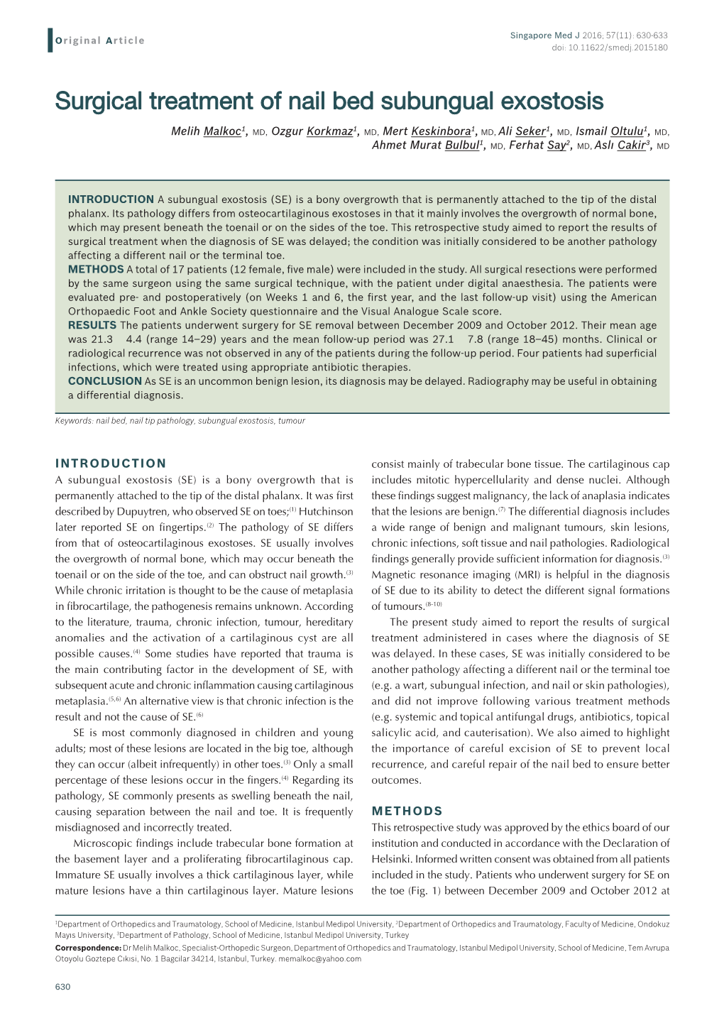 Surgical Treatment of Nail Bed Subungual Exostosis