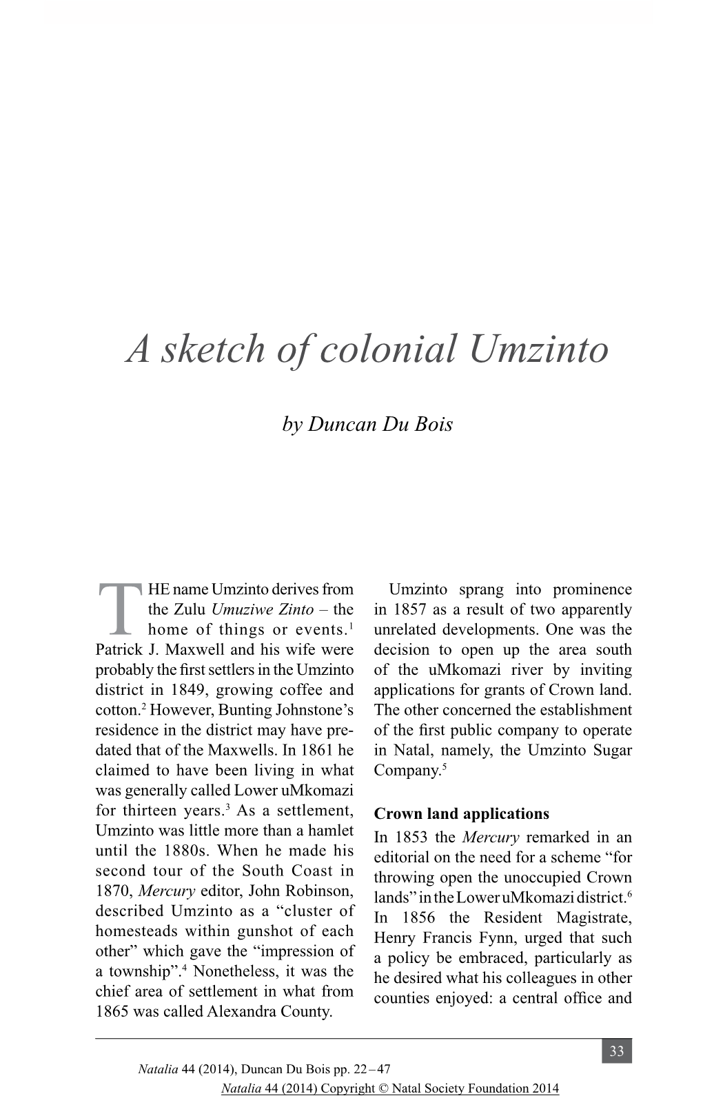 A Sketch of Colonial Umzinto