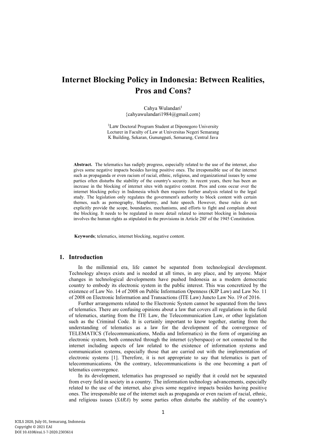Internet Blocking Policy in Indonesia: Between Realities, Pros and Cons?