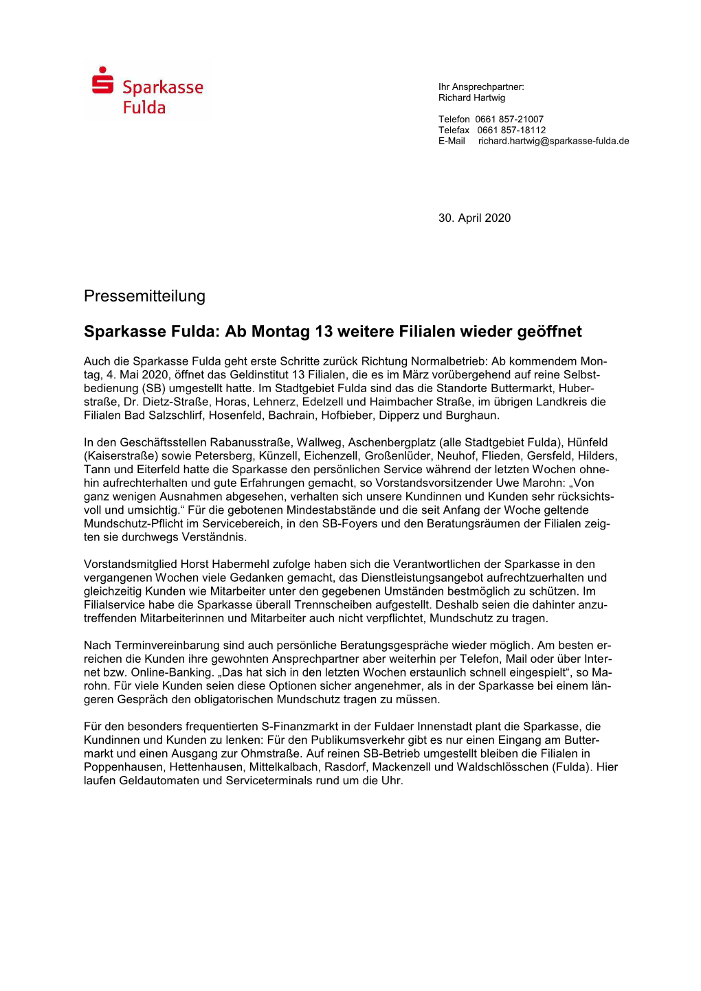 Pressemitteilung Sparkasse Fulda: Ab Montag 13 Weitere Filialen Wieder