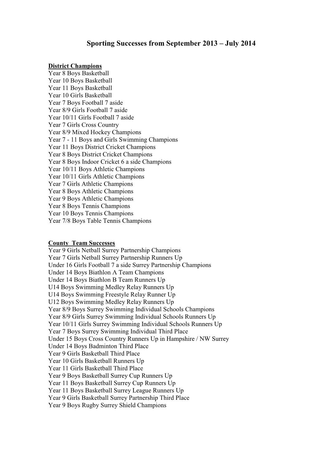 Sporting Successes from September 2013 – July 2014