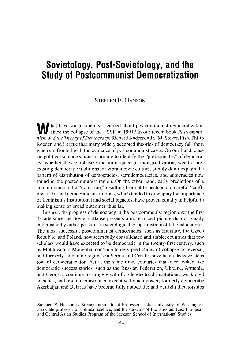 Sovietology, Post-Sovietology, and the Study of Postcommunist Democratization